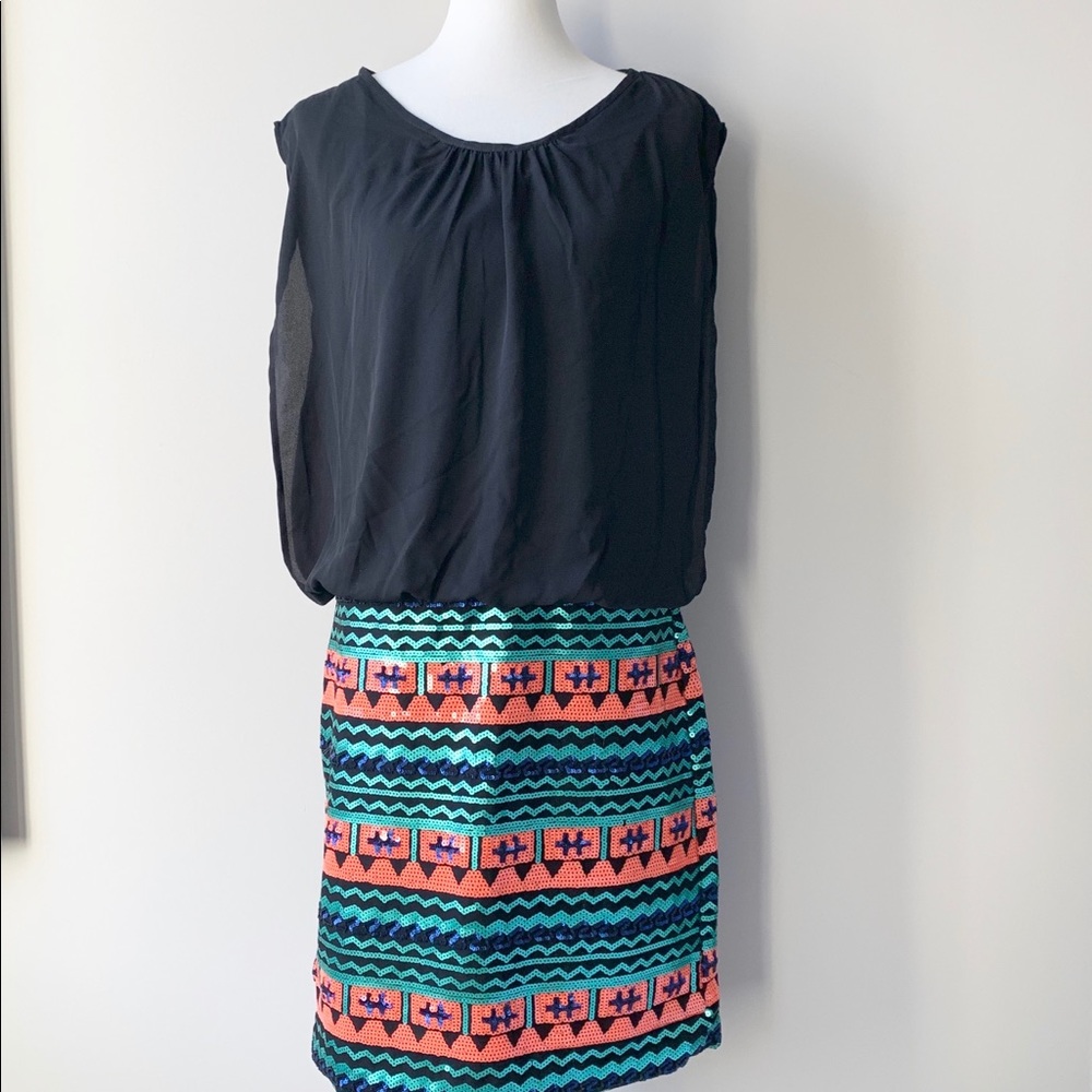 Black Sleeveless Sequin Aztec Skirt Dress Size Large